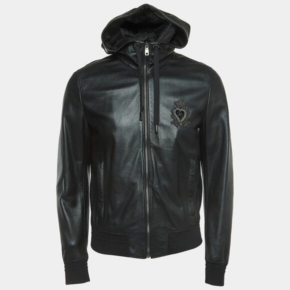 B50 NWT DOLCE & GABBANA Black Lamb Leather Hooded Logo Patch Jacket Sz 48 $3745 - Picture 1 of 9